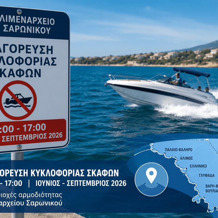 Απαγόρευση κυκλοφορίας σκαφών και Jet Ski από 14:00 έως 17:00 στις περιοχές αρμοδιότητας του Λιμεναρχείου Σαρωνικού για την περίοδο Ιουνίου έως Σεπτεμβρίου 2026.