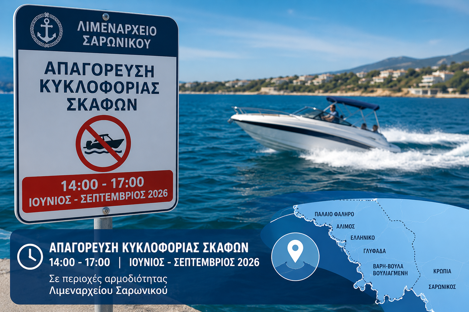 Απαγόρευση κυκλοφορίας σκαφών και Jet Ski από 14:00 έως 17:00 στις περιοχές αρμοδιότητας του Λιμεναρχείου Σαρωνικού για την περίοδο Ιουνίου έως Σεπτεμβρίου 2026.