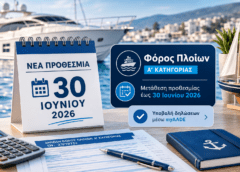 Μετάθεση προθεσμίας για τη δήλωση και πληρωμή της πρώτης δόσης φόρου πλοίων Α' κατηγορίας έως τις 30 Ιουνίου 2026.