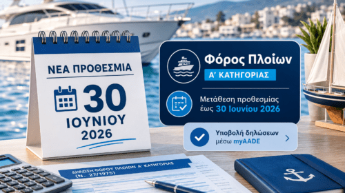 Μετάθεση προθεσμίας για τη δήλωση και πληρωμή της πρώτης δόσης φόρου πλοίων Α' κατηγορίας έως τις 30 Ιουνίου 2026.