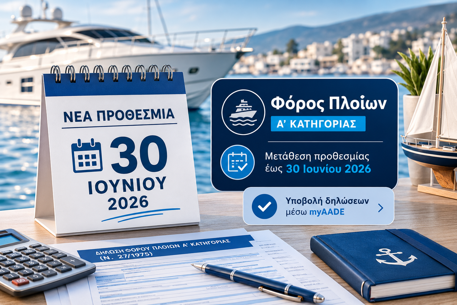 Μετάθεση προθεσμίας για τη δήλωση και πληρωμή της πρώτης δόσης φόρου πλοίων Α' κατηγορίας έως τις 30 Ιουνίου 2026.